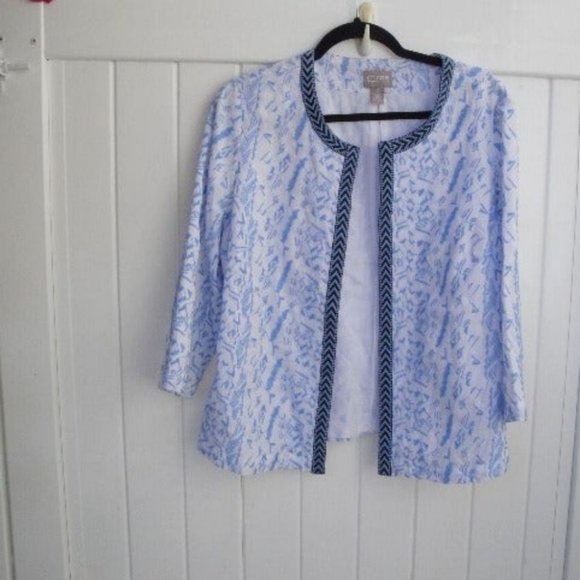 SOLD Chico’s Jacket Embroidered Blue-White Ribbon Trim Open Style Large - Picture 2 of 5
